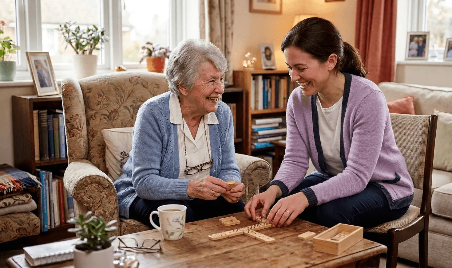 A carer and an older person enjoying a cup of tea and conversation together