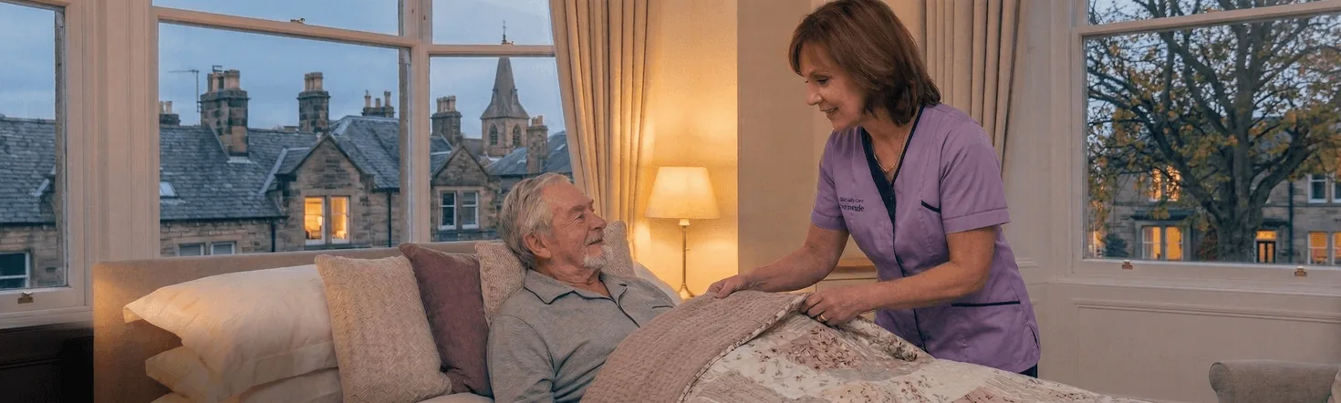 A carer gently supporting an older person with their morning routine at home