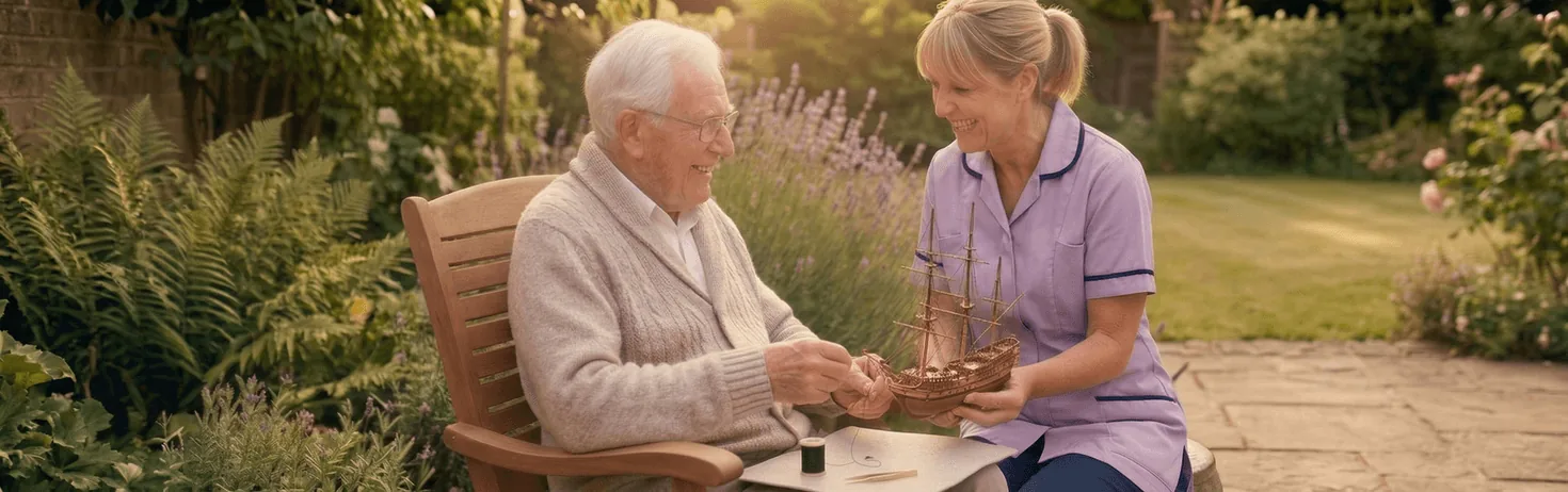 A carer sitting with an older person, looking through a photo album in a familiar room