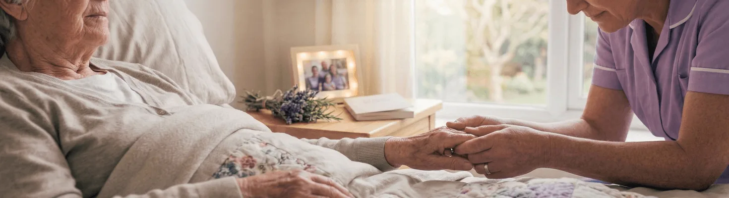 A carer gently holding the hand of an older person in a calm, peaceful room