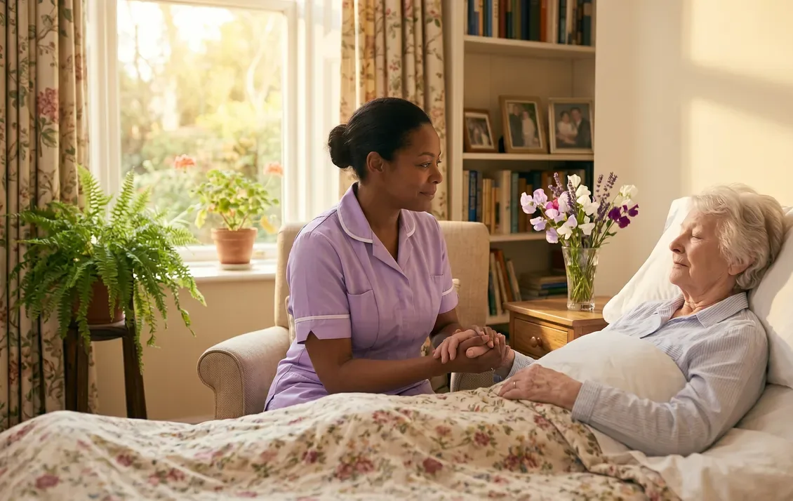 Carer gently holding the hand of a lady resting comfortably at home